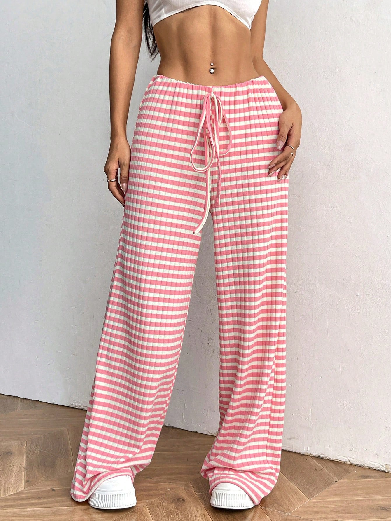 Casual Striped Cotton Blend Elastic Waist Pants