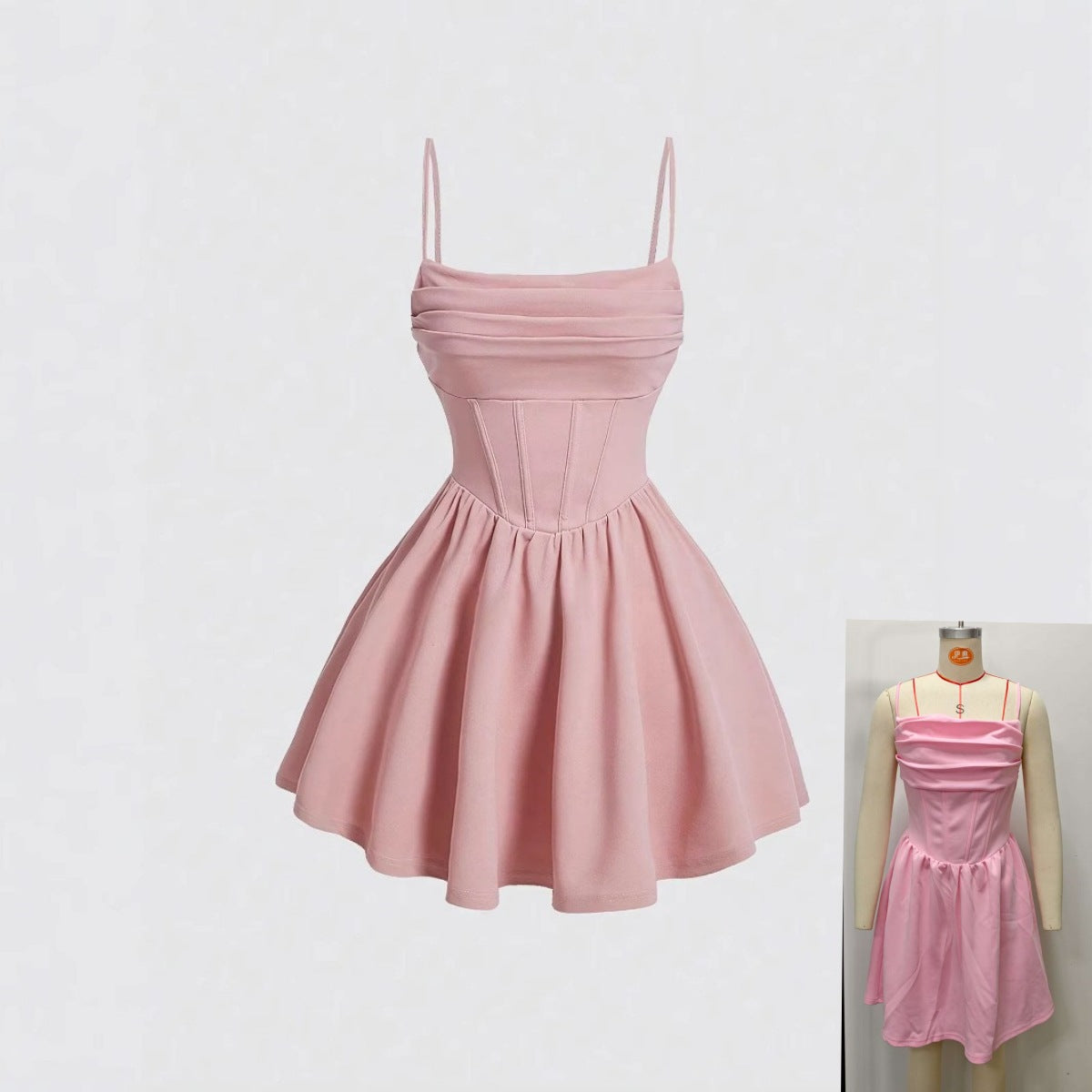 Solid-color pleated zipper halter dress