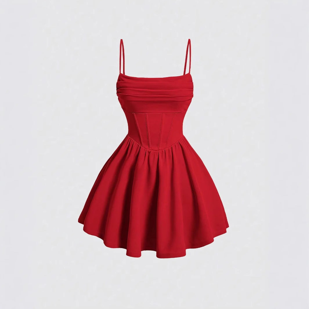 Solid-color pleated zipper halter dress