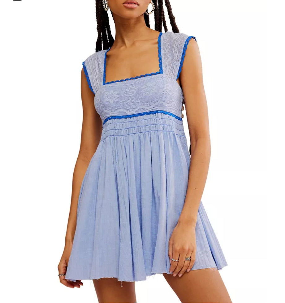 Sleeveless Square Neck Pleated Backless Mini Dress