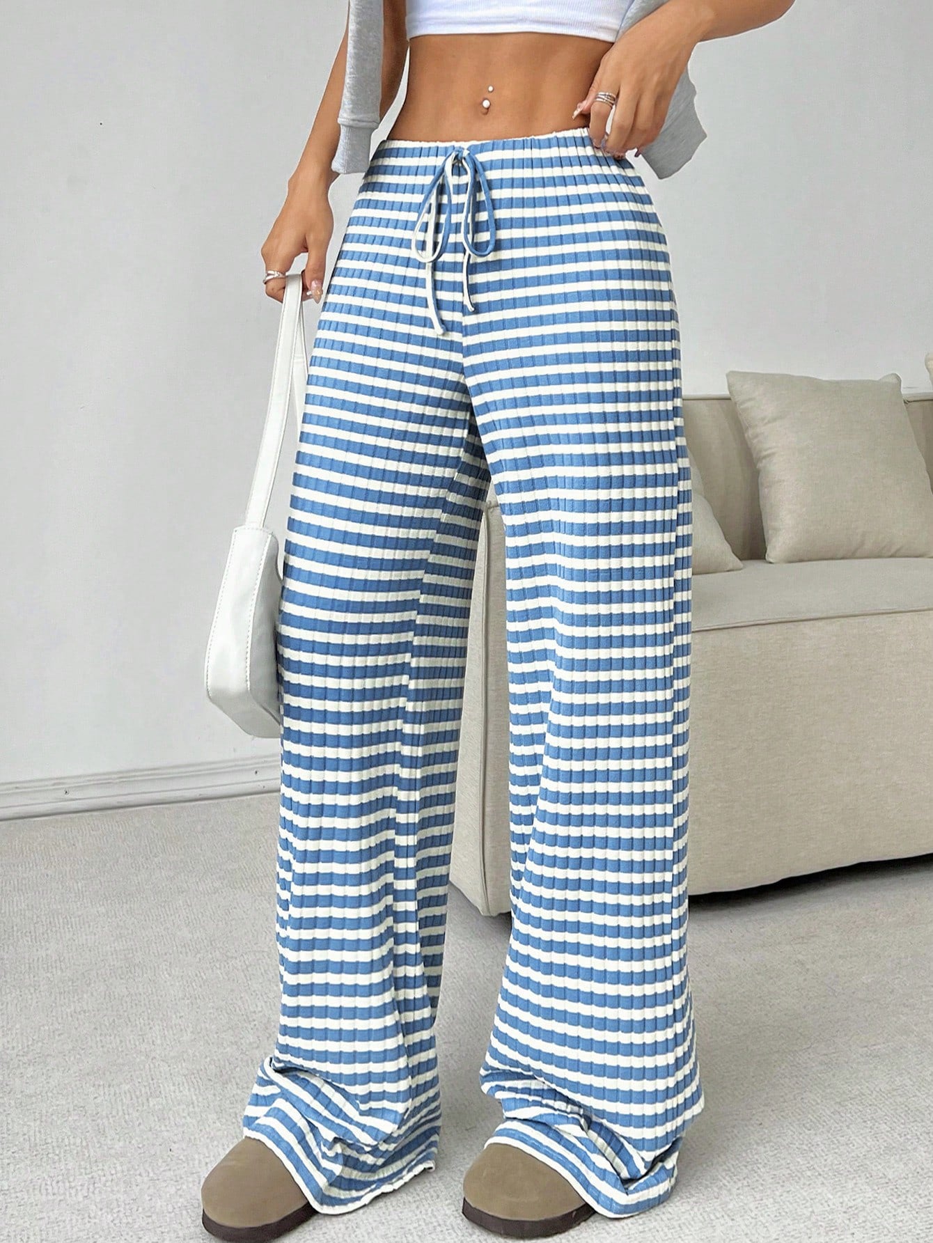 Casual Striped Cotton Blend Elastic Waist Pants
