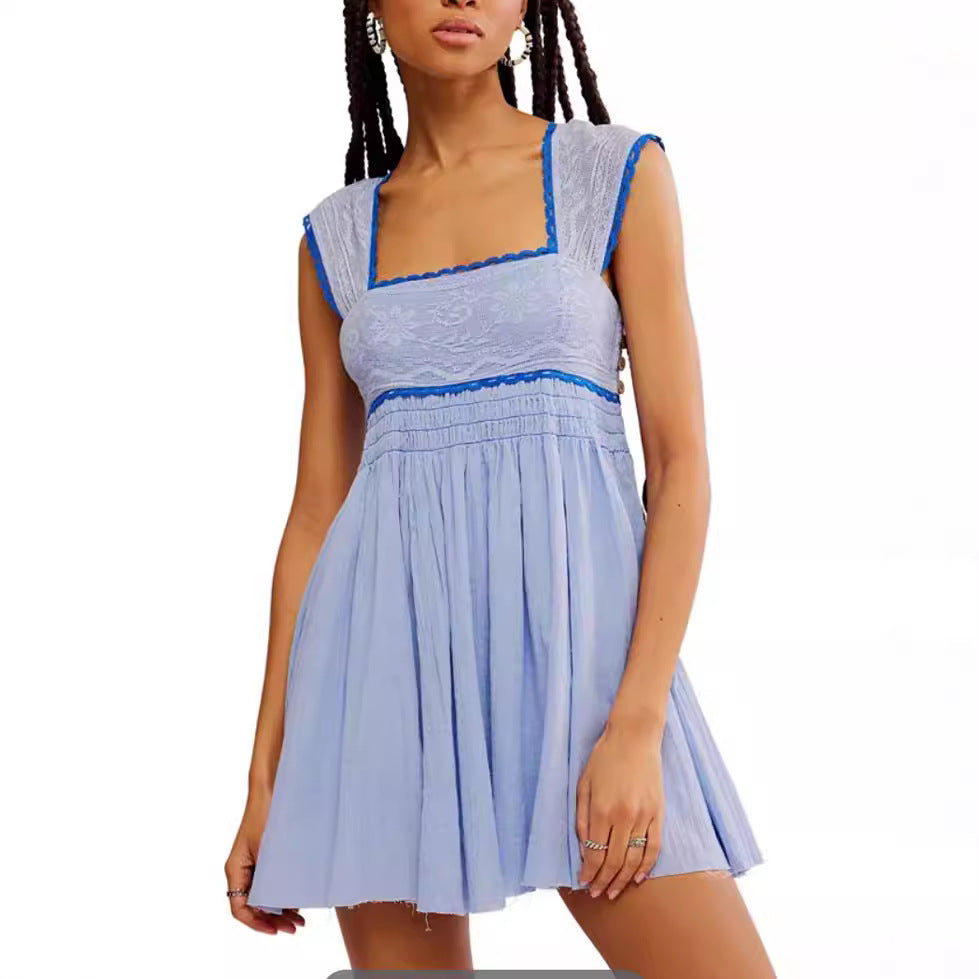 Sleeveless Square Neck Pleated Backless Mini Dress