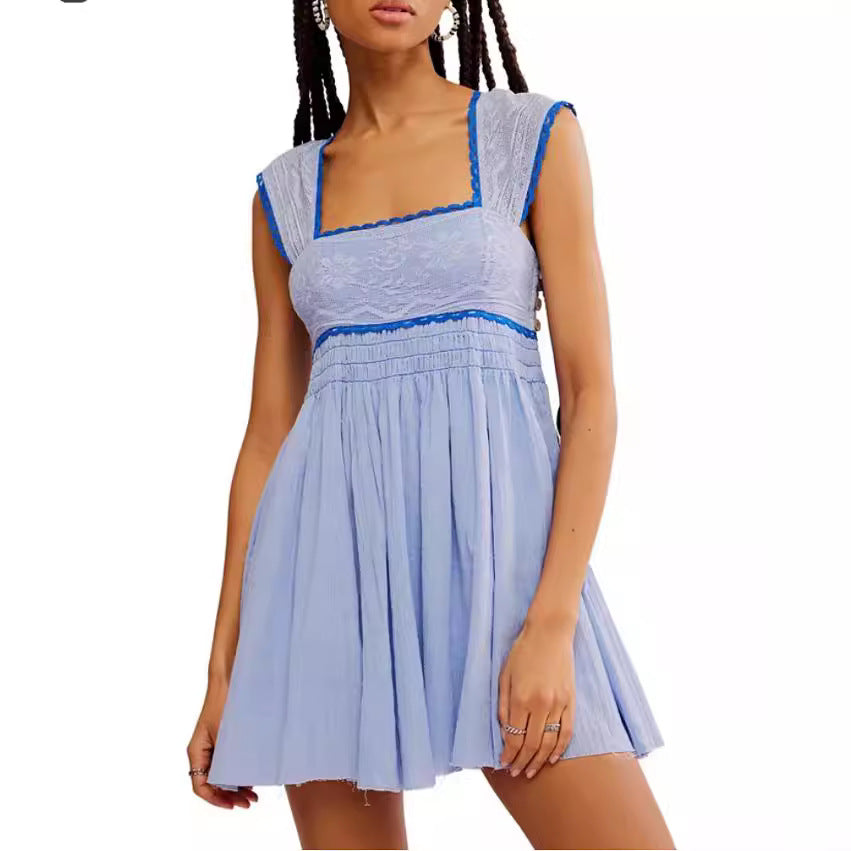 Sleeveless Square Neck Pleated Backless Mini Dress