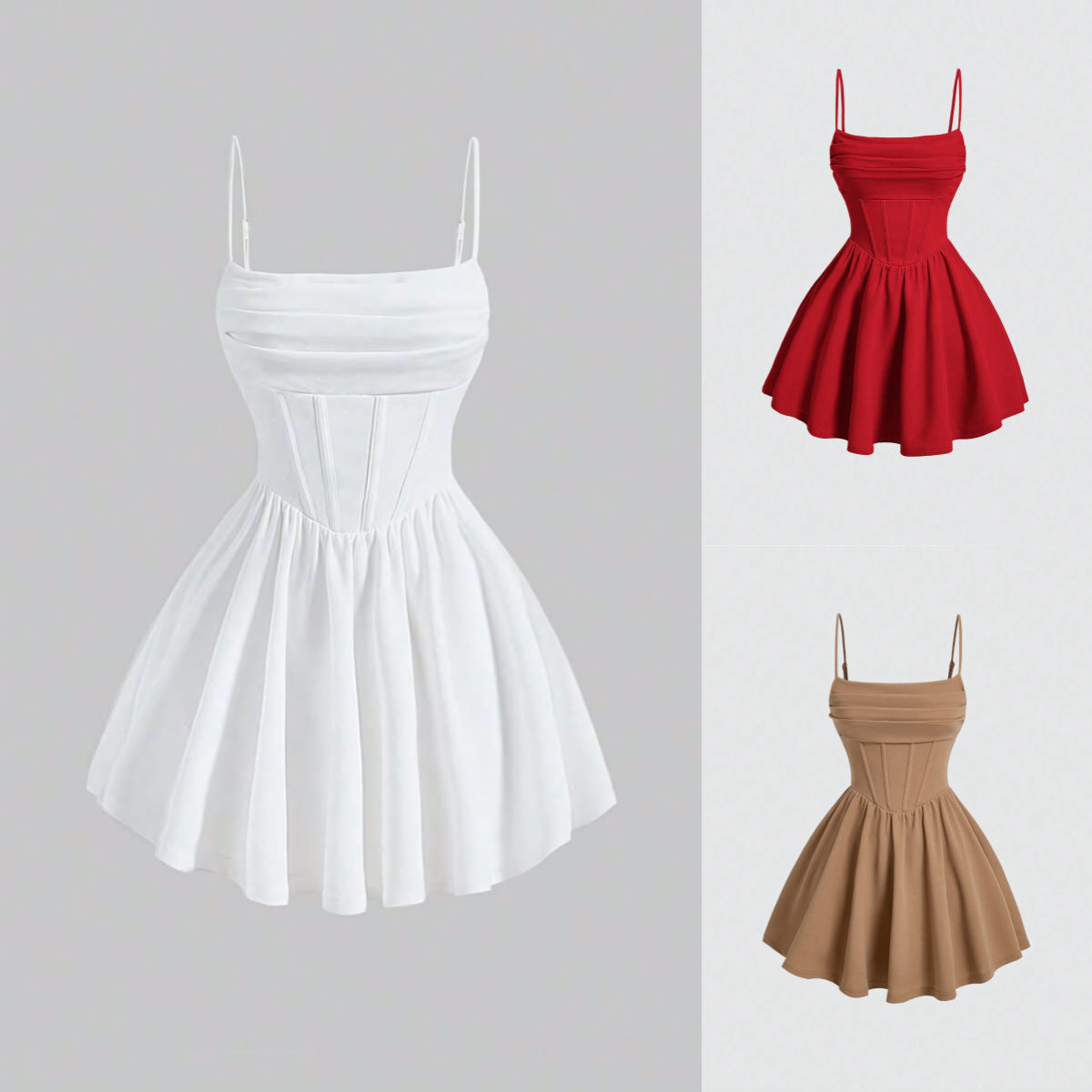 Solid-color pleated zipper halter dress