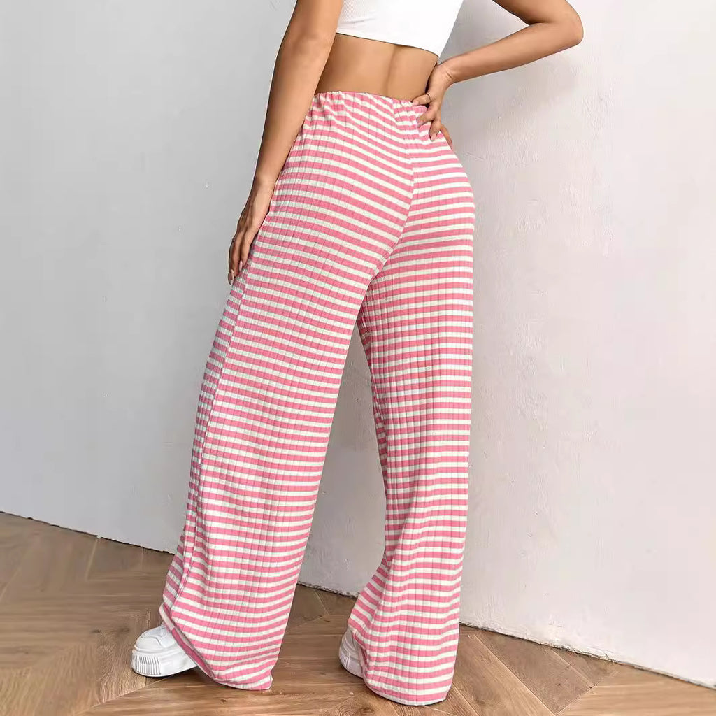 Casual Striped Cotton Blend Elastic Waist Pants