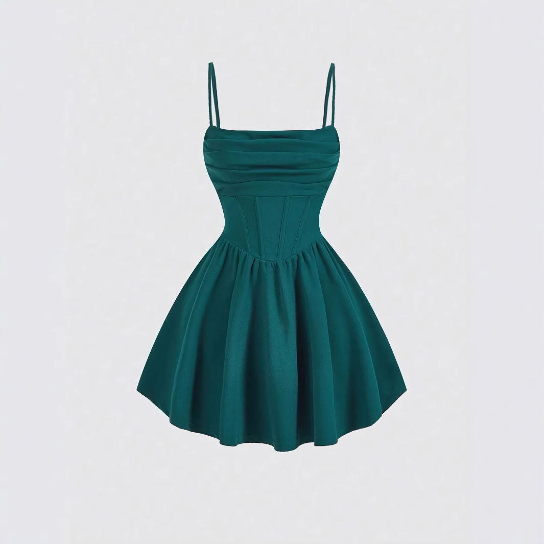 Solid-color pleated zipper halter dress