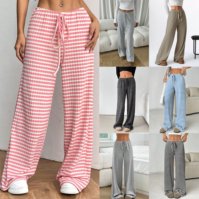 Casual Striped Cotton Blend Elastic Waist Pants
