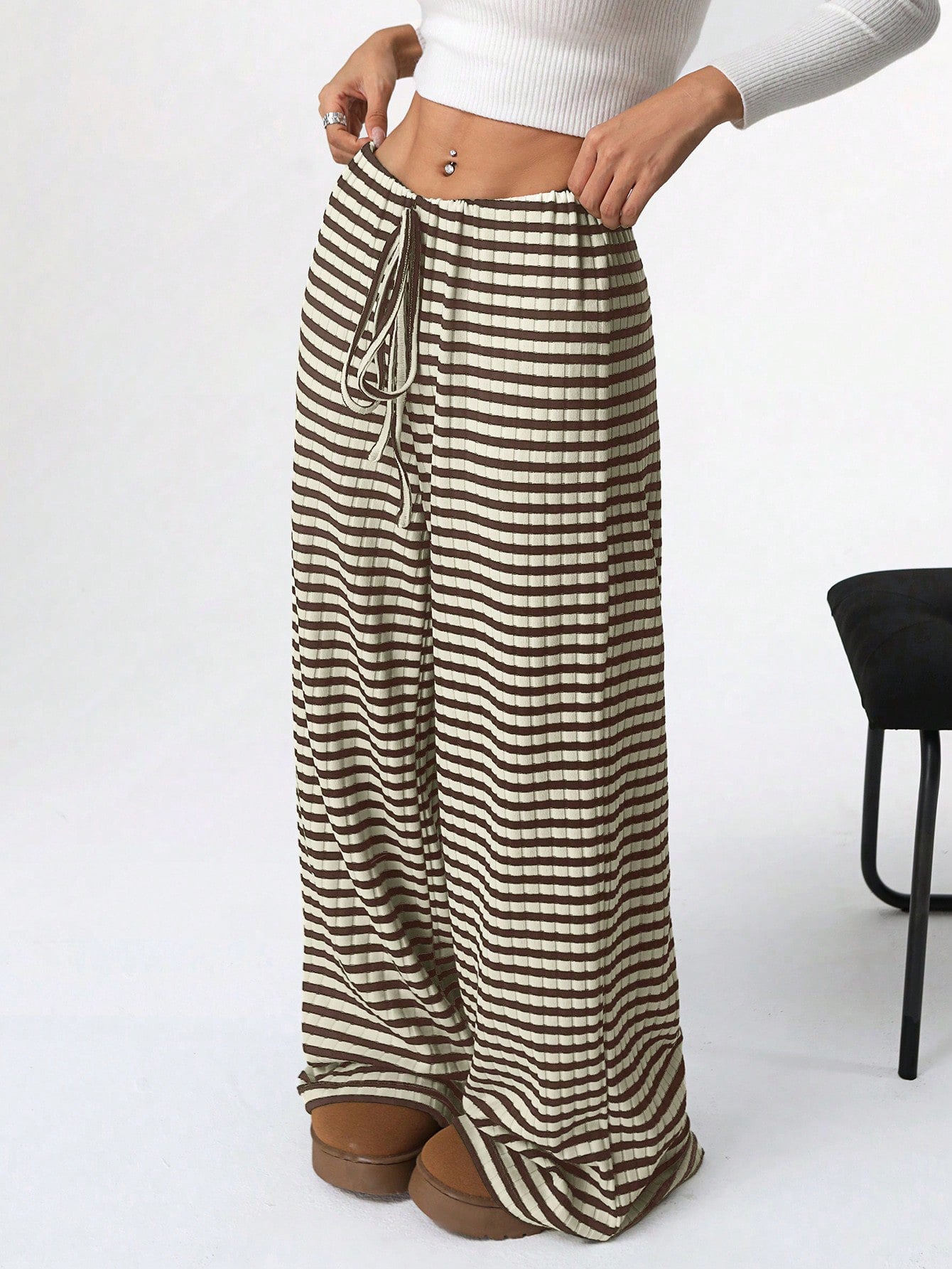 Casual Striped Cotton Blend Elastic Waist Pants