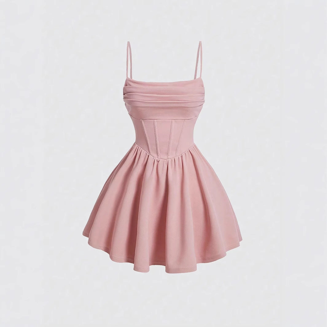 Solid-color pleated zipper halter dress
