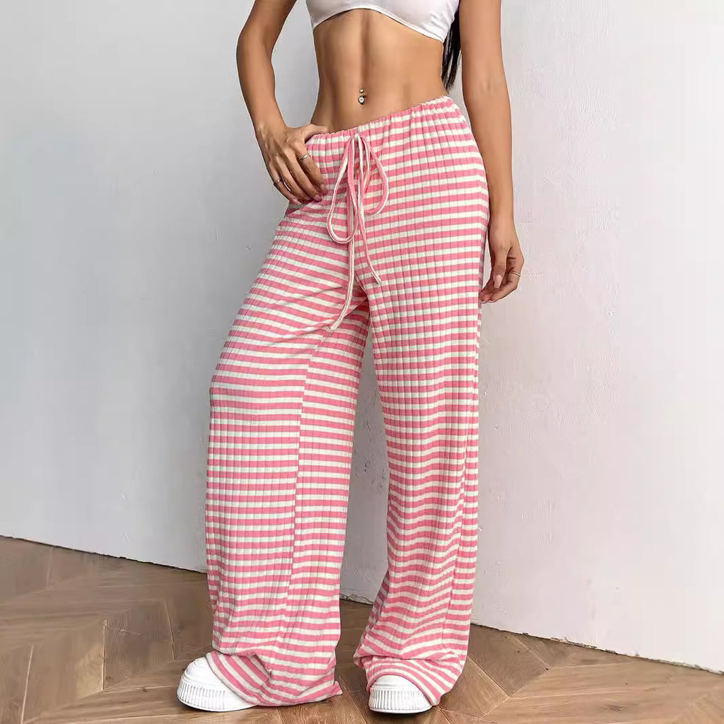 Casual Striped Cotton Blend Elastic Waist Pants