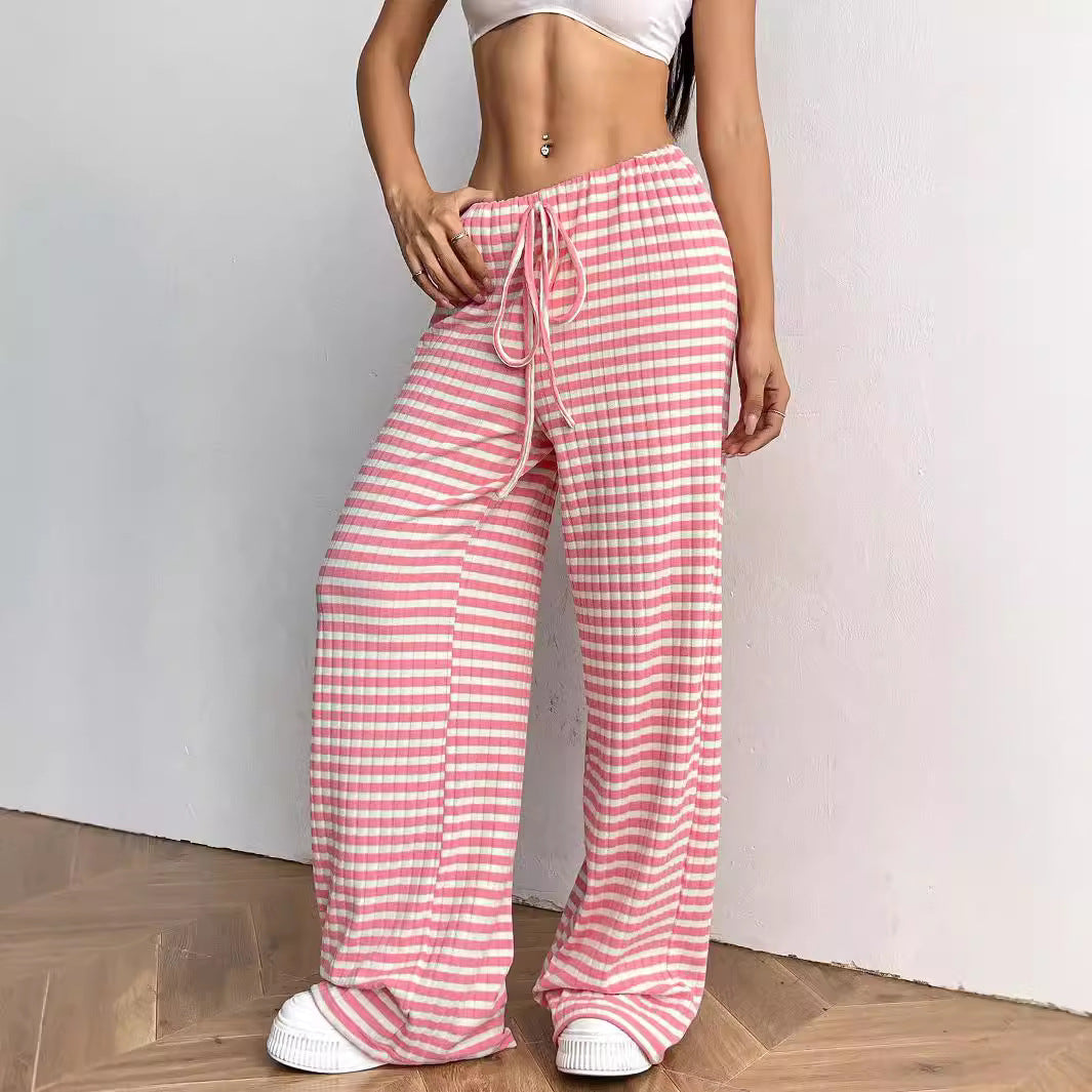 Casual Striped Cotton Blend Elastic Waist Pants