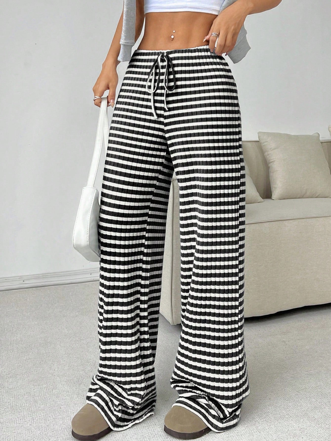 Casual Striped Cotton Blend Elastic Waist Pants