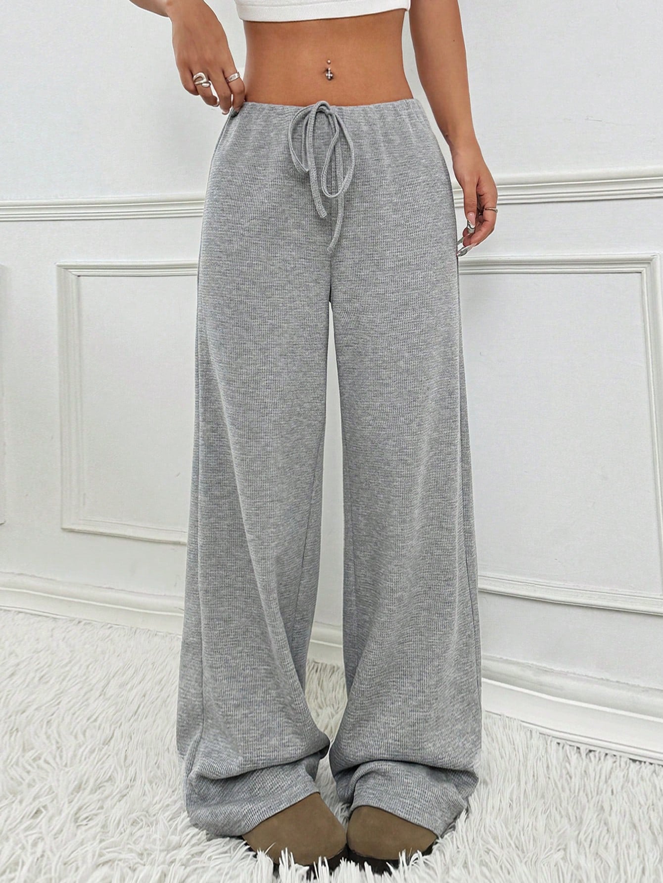 Casual Striped Cotton Blend Elastic Waist Pants