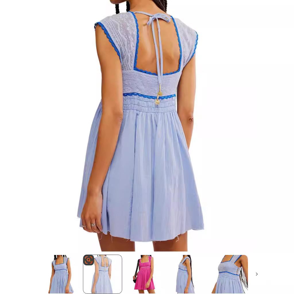 Sleeveless Square Neck Pleated Backless Mini Dress