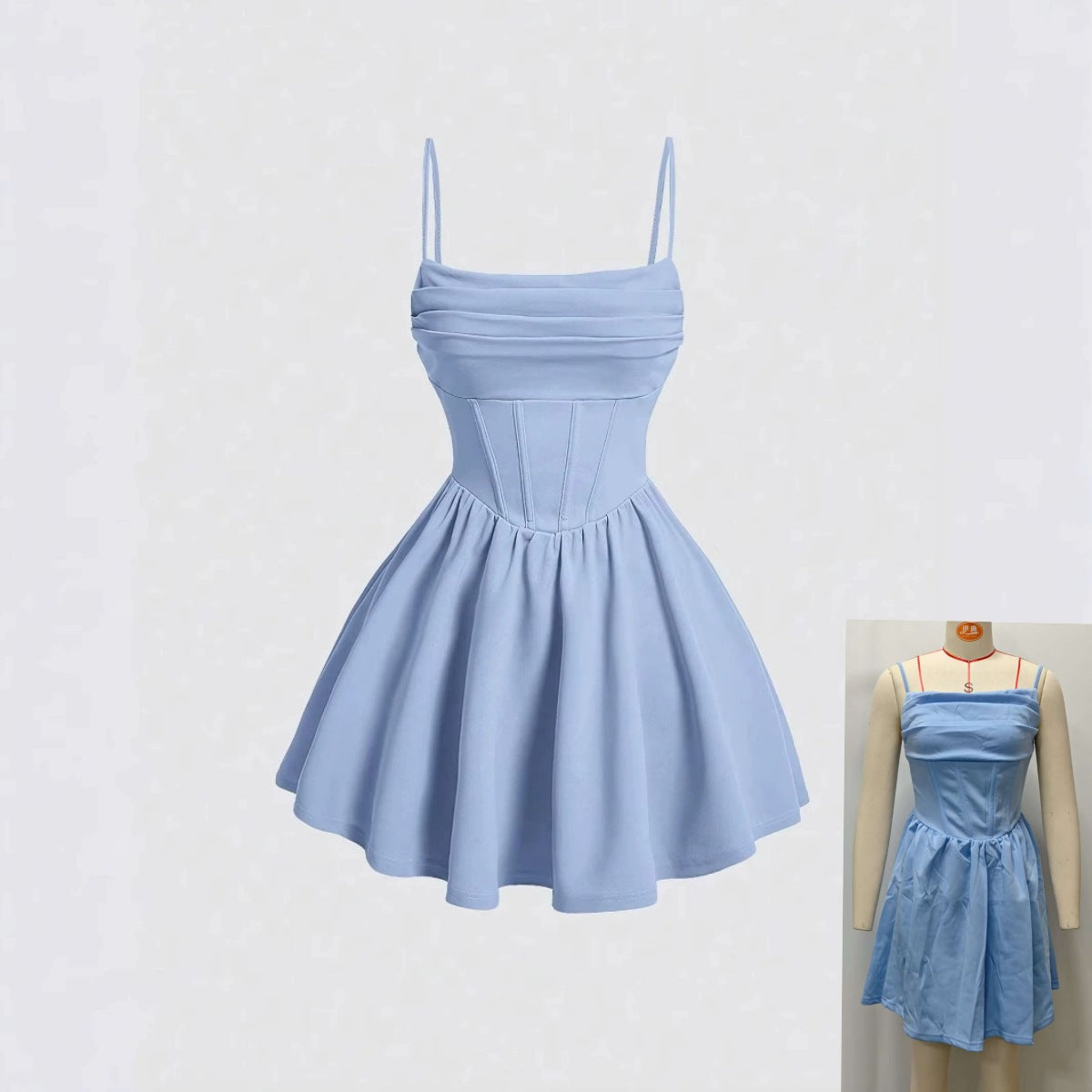 Solid-color pleated zipper halter dress