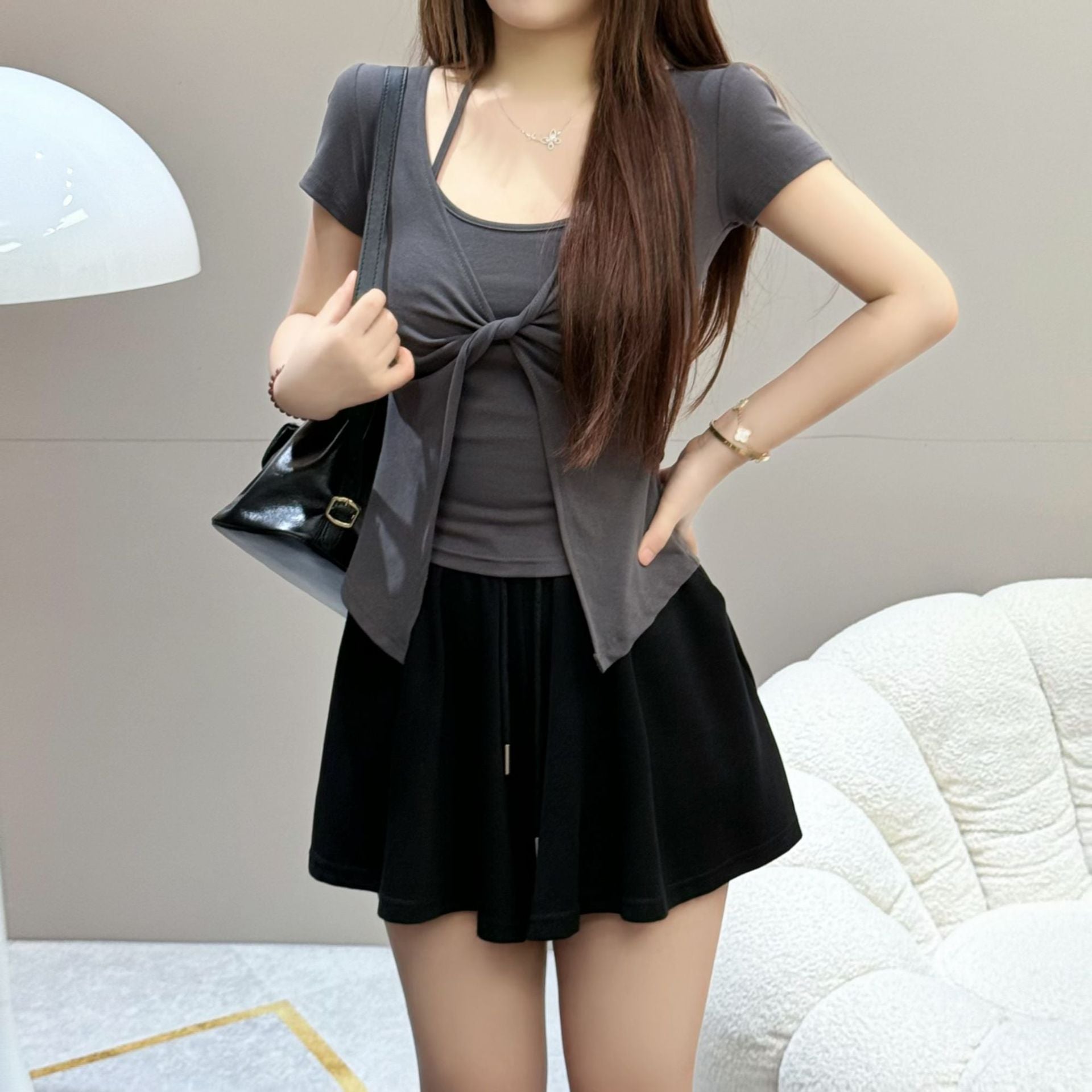 Summer Long-Sleeved T-Shirt with Neck Knot for Women (Two Pieces)