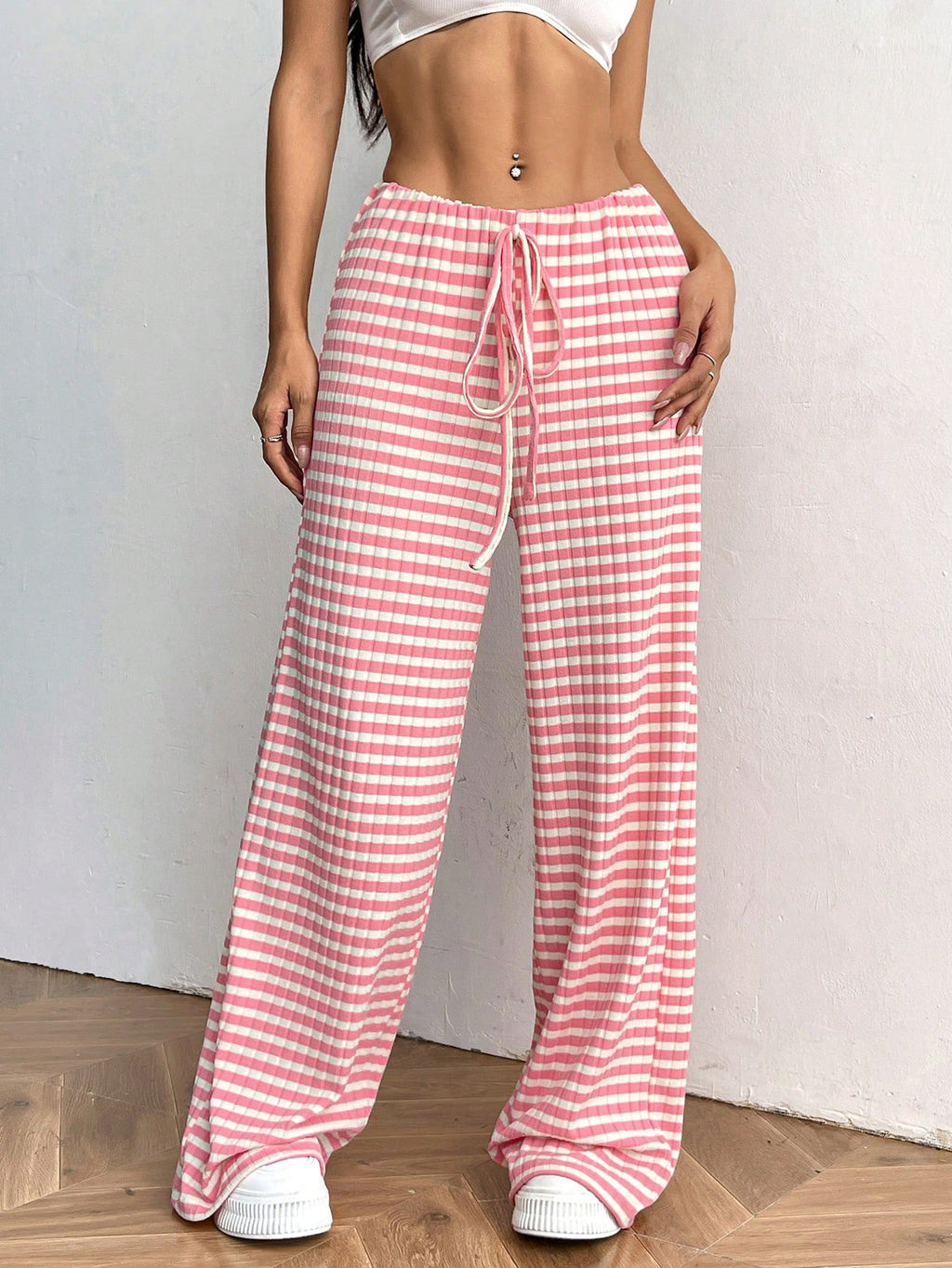 Casual Striped Cotton Blend Elastic Waist Pants