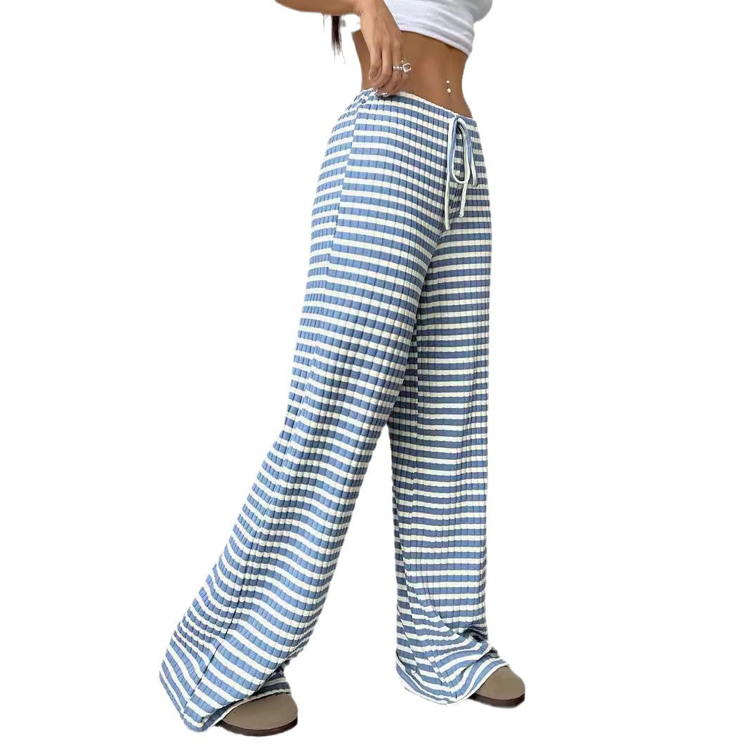 Casual Striped Cotton Blend Elastic Waist Pants
